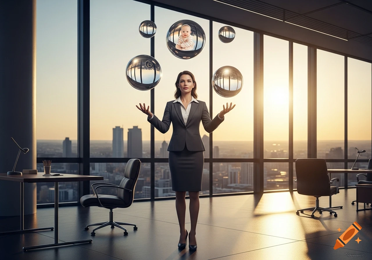 Photorealistic image of a businesswoman in a suit juggling metallic spheres, one with a baby, in a modern high-rise office at sunset.