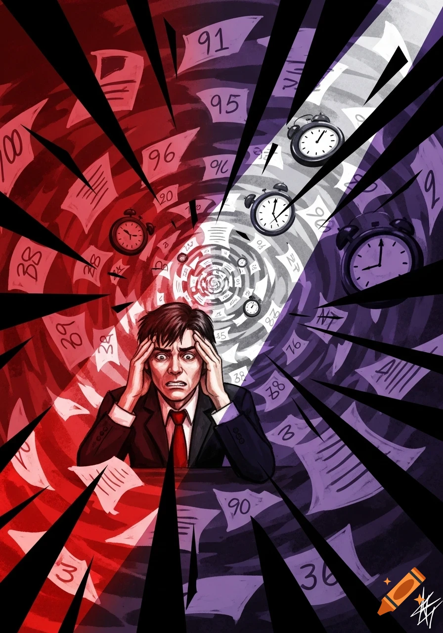 A stressed man in a suit holds his head, surrounded by swirling papers with numbers and alarm clocks in a vibrant cartoon style.