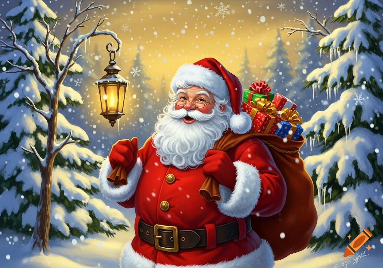 Jovial Santa Claus with a sack full of gifts in a snowy forest scene, with falling snow and a lit lantern.