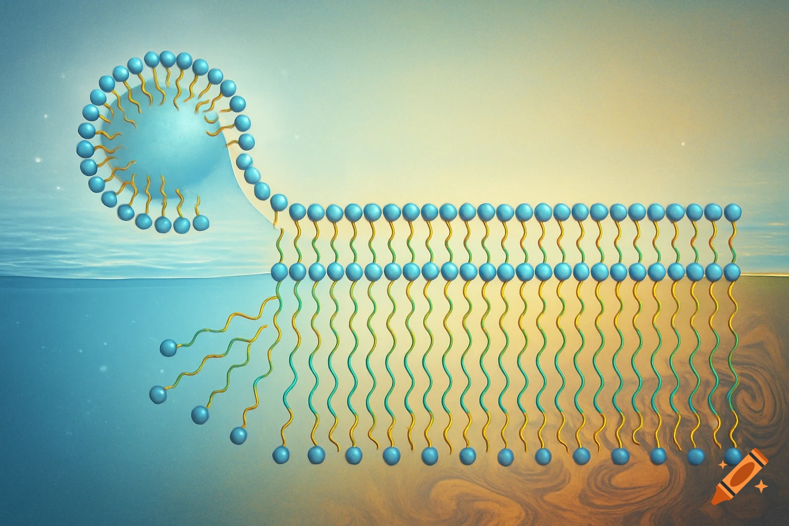 Scientific illustration of a reverse micelle structure unfolding into a flat surfactant layer, separating water from oil.