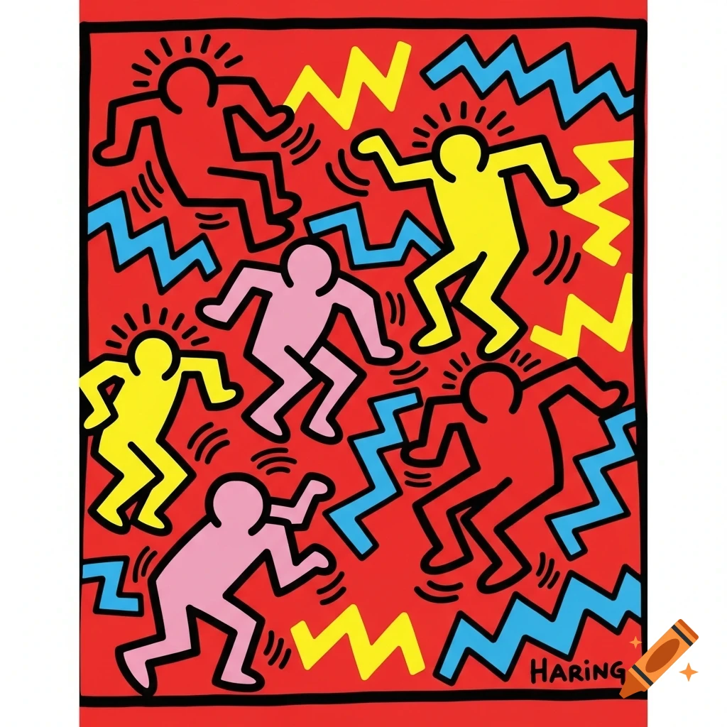 A vibrant Keith Haring-style pop art illustration on a red background, featuring five stylized dancing figures in red, pink, and yellow outlined in black, interspersed with blue and yellow zigzags.