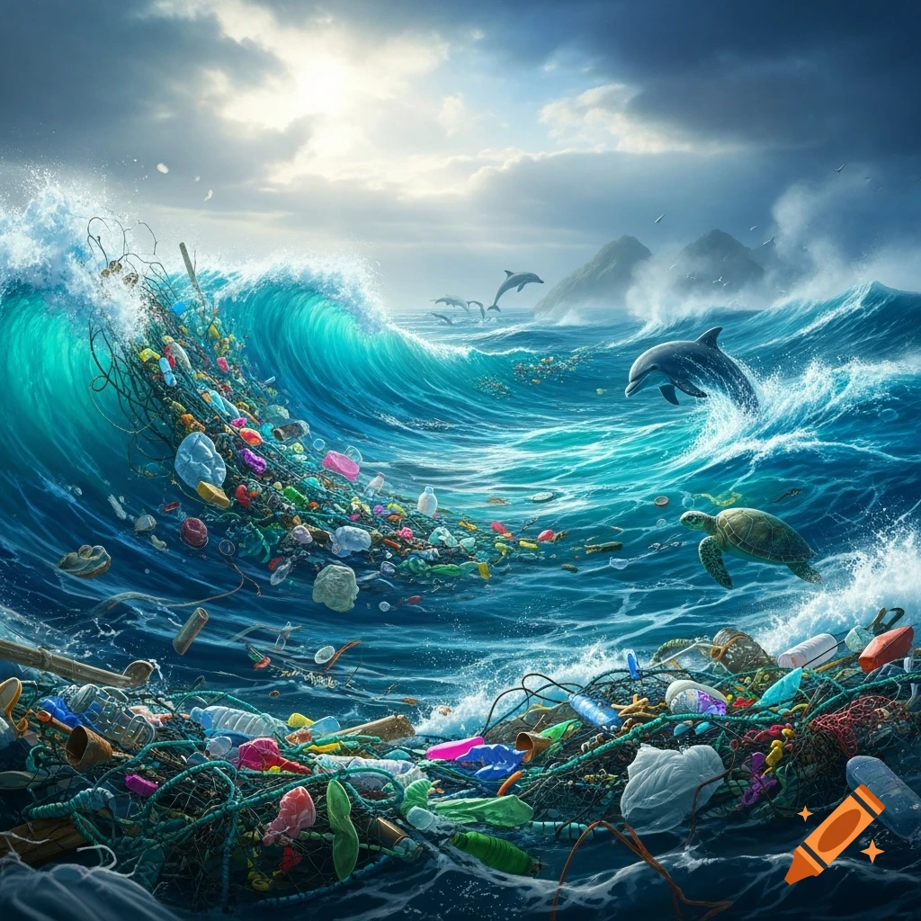 A dramatic ocean wave composed of plastic pollution and debris, with dolphins and a sea turtle swimming amidst the trash under a cloudy sky.