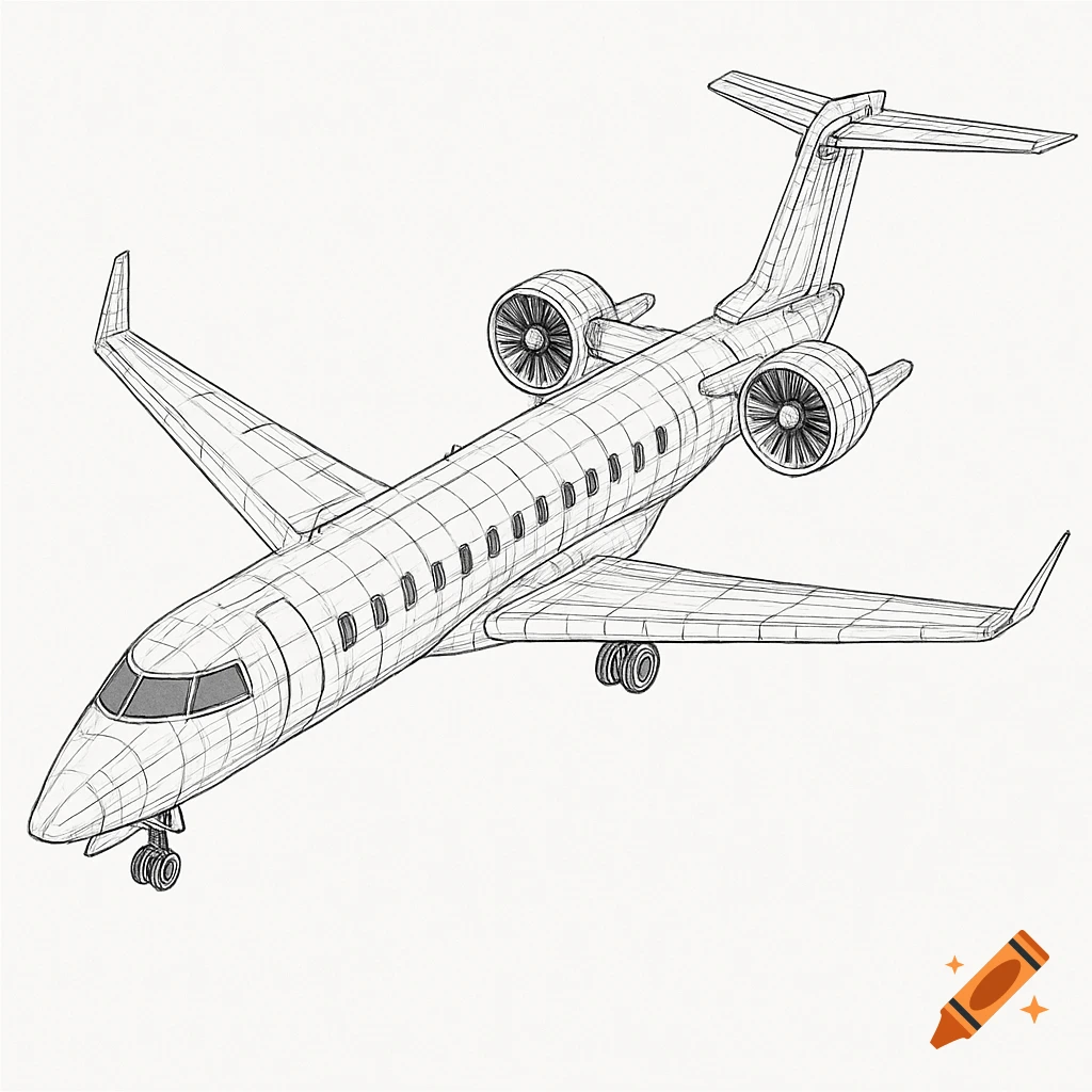 Detailed wireframe technical drawing of a regional jet aircraft with turboprop engines.