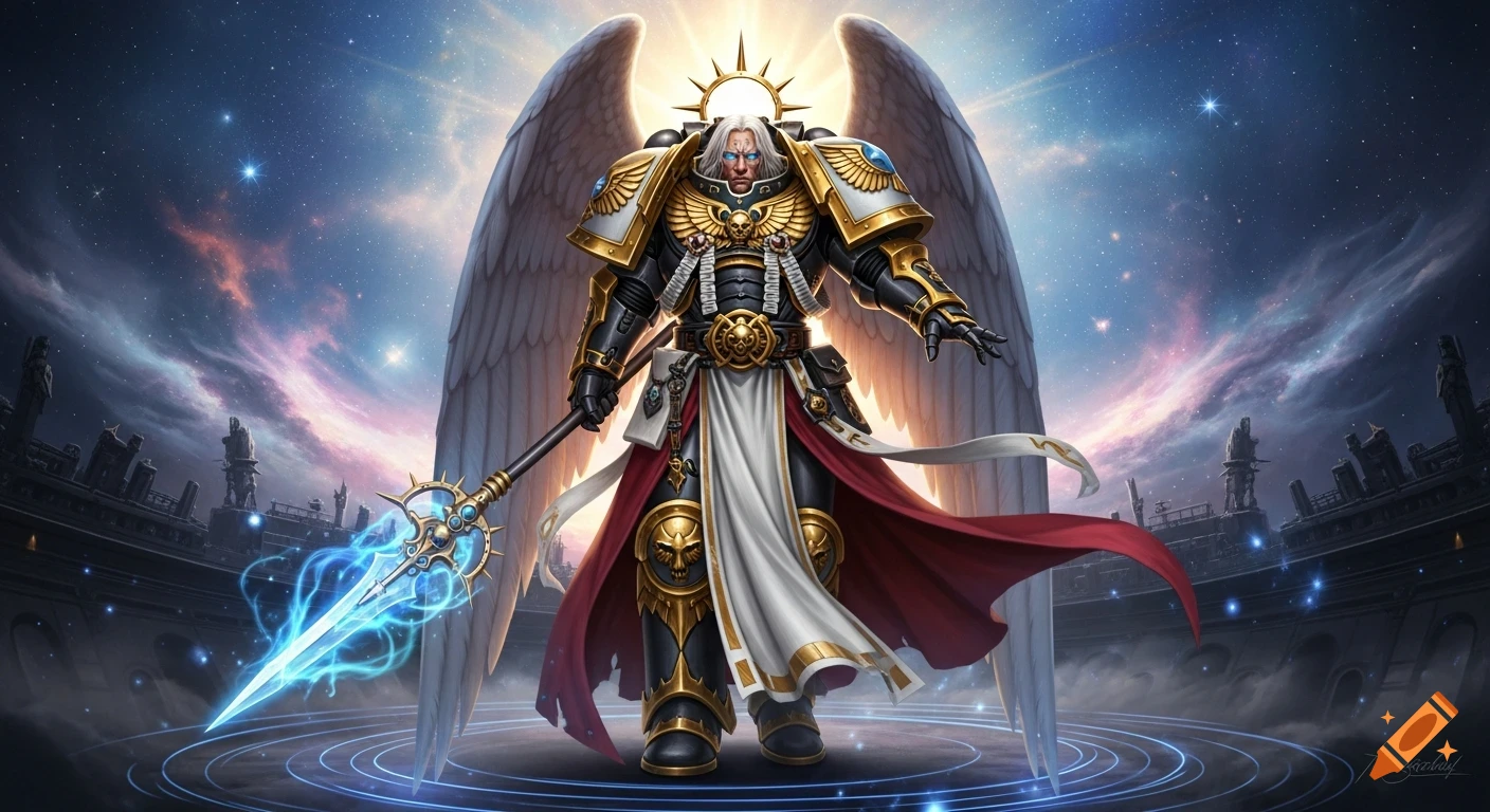 An epic digital art rendering of the winged Primarch Sanguinius in golden and black power armor, holding a glowing blue spear, under a cosmic starry sky.