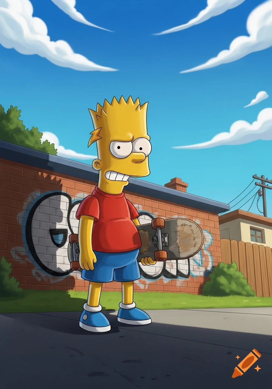 Bart Simpson stands in front of a brick wall with graffiti, holding a skateboard, under a bright blue sky.
