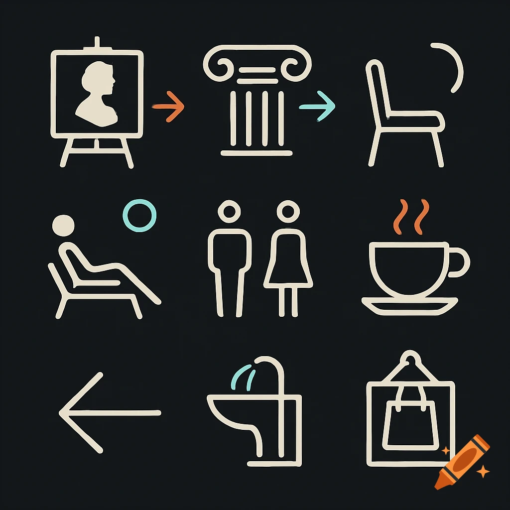 A grid of nine white line art icons on a dark background, representing various museum navigation elements like art, architecture, seating, restrooms, cafe, and shopping.