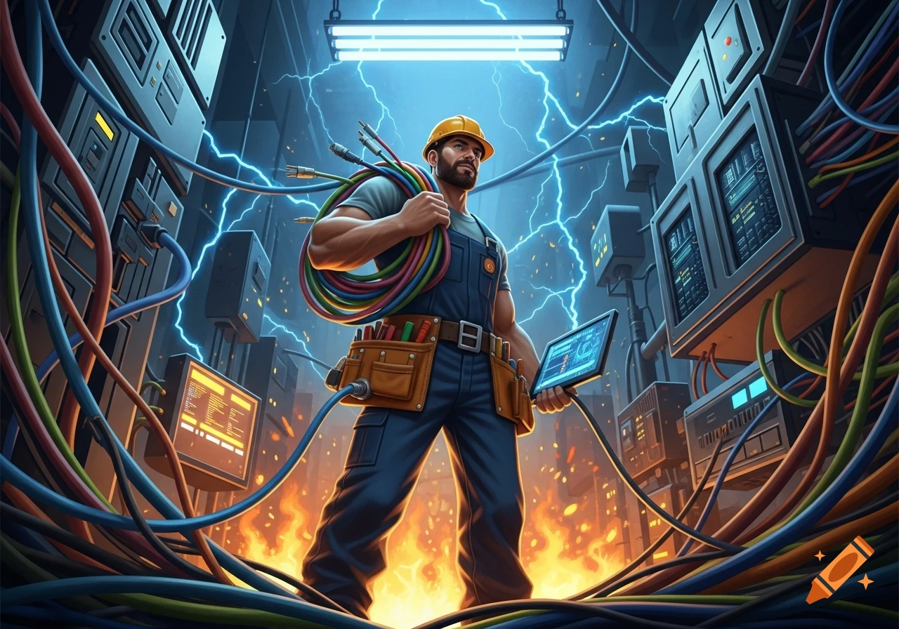 A stylized illustration of a muscular man, an electrician, wearing a hard hat and overalls, holding coiled cables and a tablet amidst sparking wires and server racks, with flames on the floor.