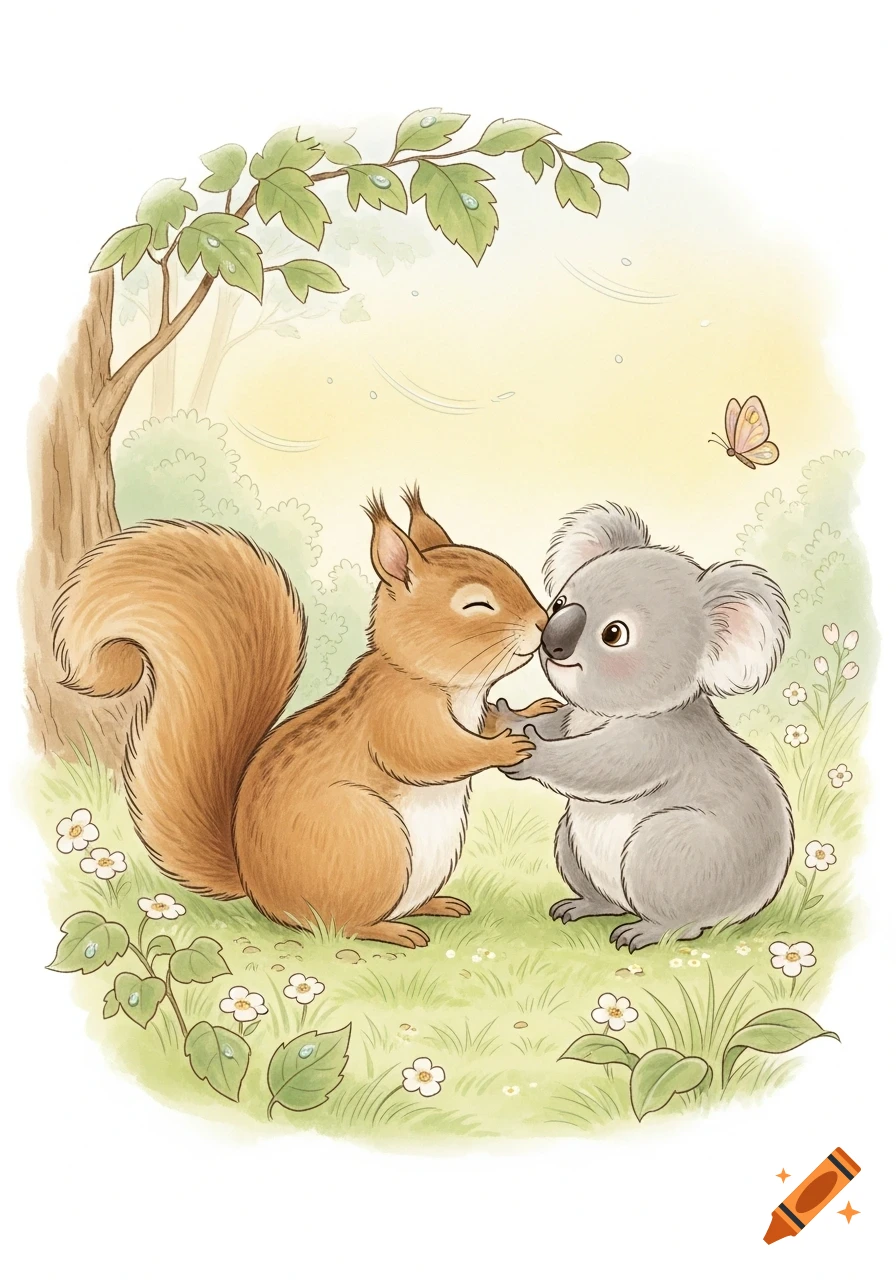 A cute cartoon squirrel and koala share a nose kiss in a whimsical, Beatrix Potter-style forest illustration.