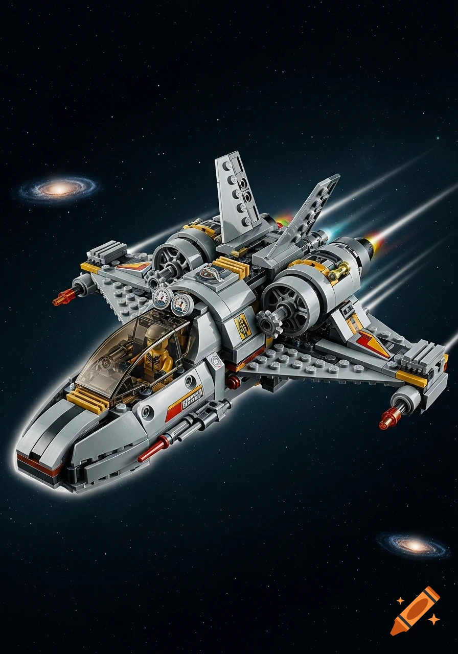 A detailed gray, yellow, and red LEGO Technic spaceship flies through starry outer space with distant galaxies.