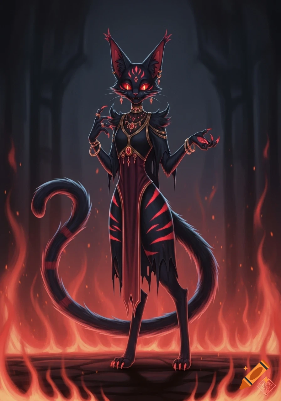 A stylized black cat-like demon with glowing red eyes, sharp claws, and tribal red markings, standing amidst flames in a dark, infernal setting.