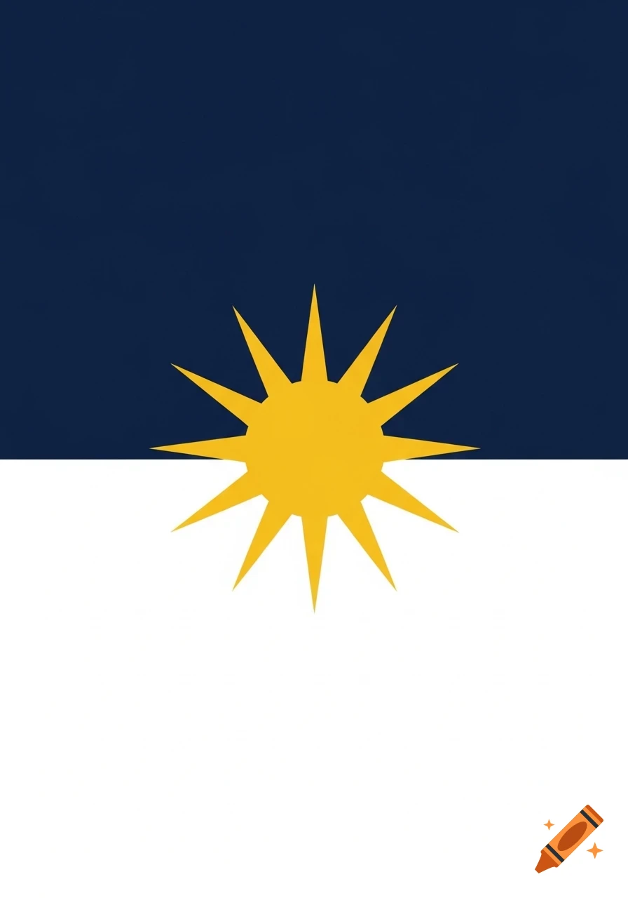 A minimalist flag design featuring a dark navy blue top stripe, a white bottom stripe, and a golden sun with 12 sharp rays in the center.