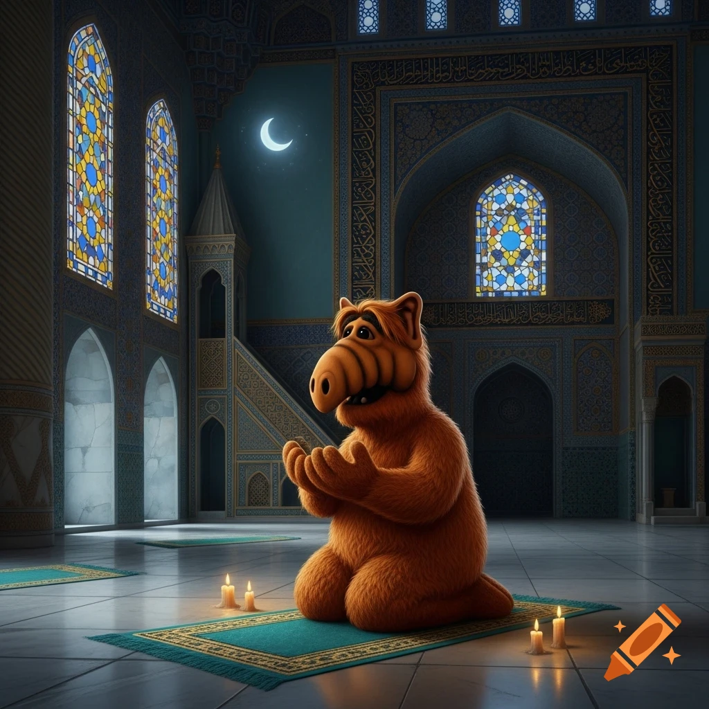 Alf kneels in prayer on a mat in a richly decorated mosque with stained glass windows under a crescent moon.