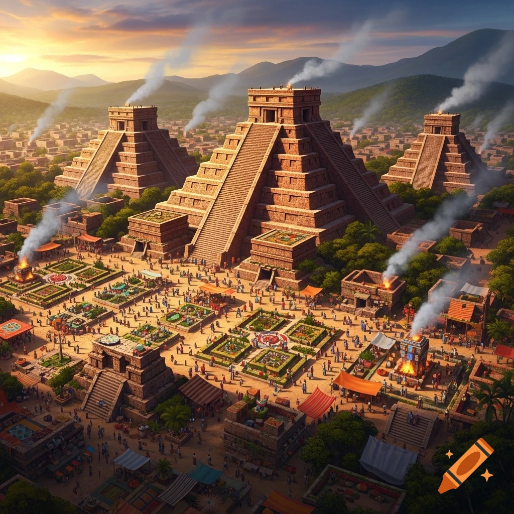 A vibrant aerial view of an ancient Aztec city with large stone pyramids, bustling marketplaces, and distant mountains at sunset.