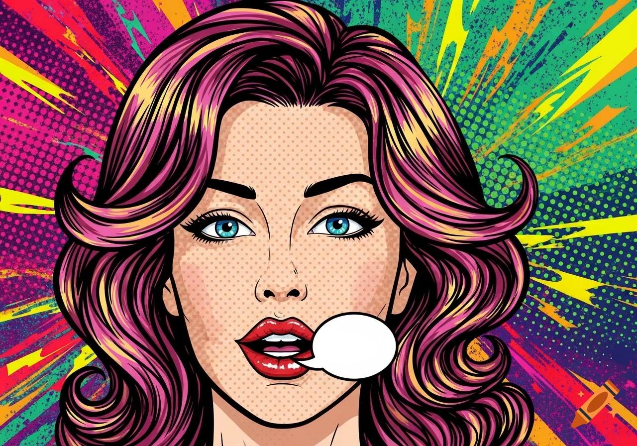 Vibrant pop art portrait of a woman with pink hair, blue eyes, and red lips, with a blank speech bubble.