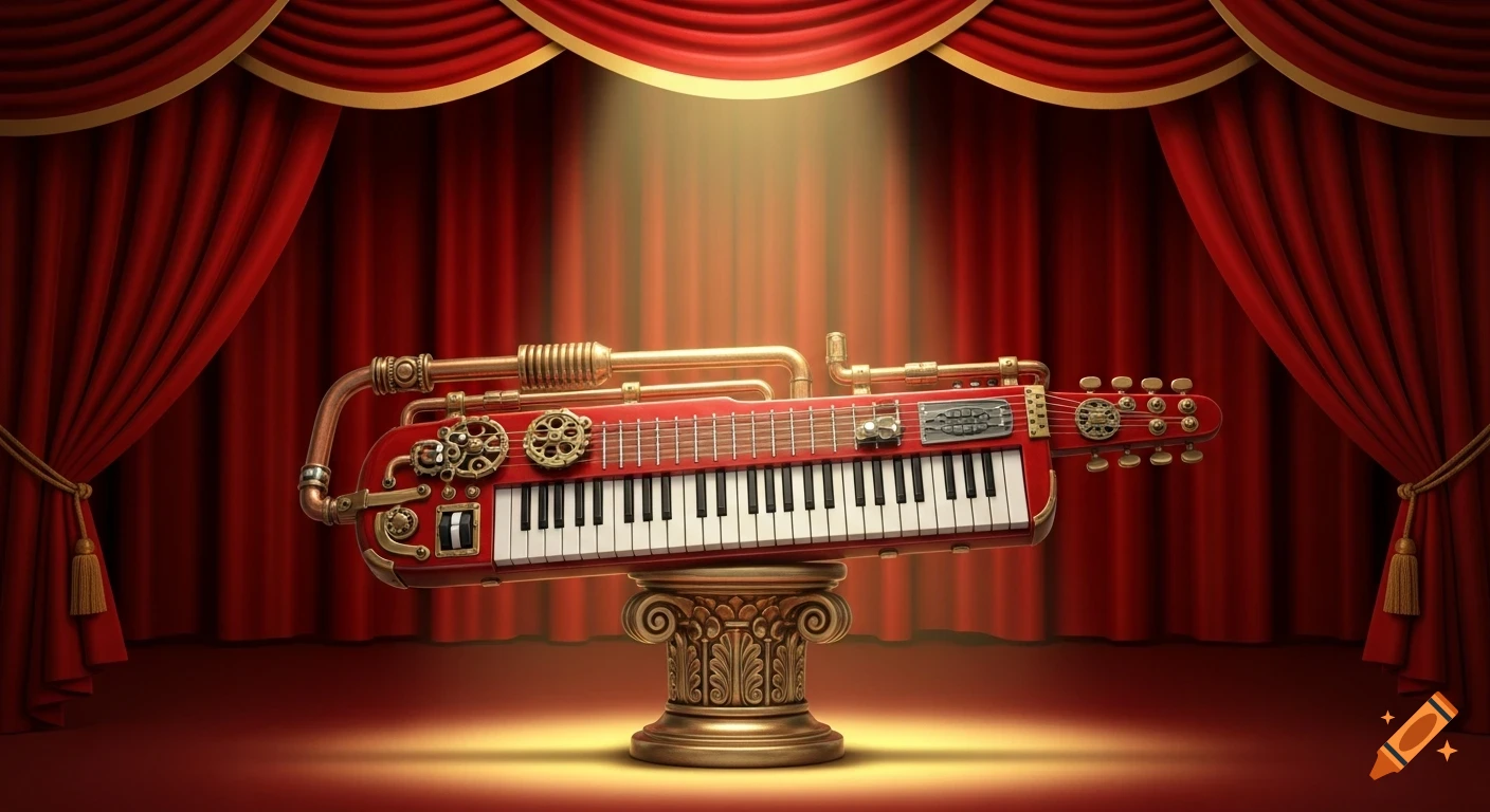 Ornately crafted red steampunk keytar with brass pipes and gears on a gold pedestal, spotlighted on a stage with red velvet curtains.