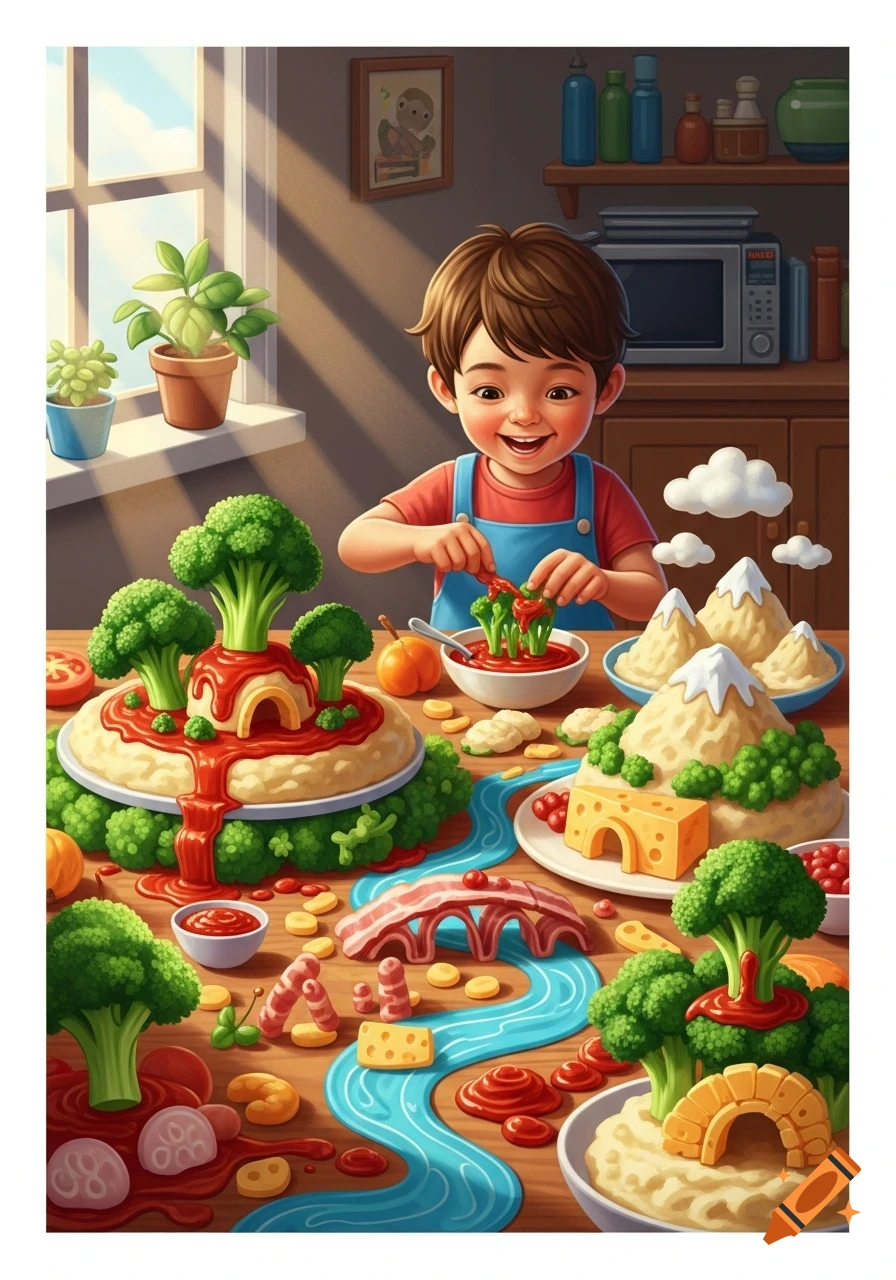 A happy cartoon child in blue overalls plays with a large food landscape made of mashed potatoes, broccoli, and tomato sauce, creating rivers and mountains on a wooden table.