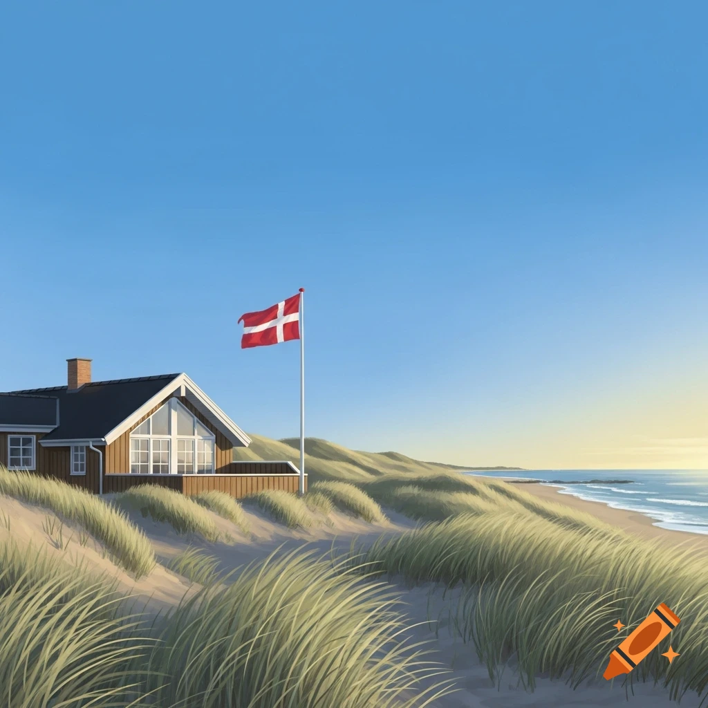 A vacation home with a Danish flag on a flagpole stands amidst sandy dunes overlooking the sea under a clear blue sky.