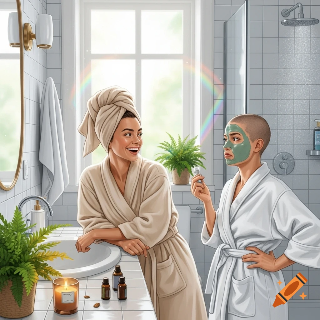 Two women in bathrobes in a brightly lit bathroom. One woman, wearing a towel on her head, laughs while leaning on a sink. The other, with a buzzcut and a green mud mask, looks annoyed.