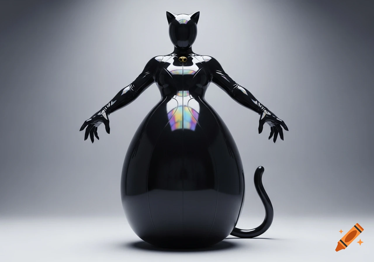 Glossy black, featureless Cat Noir-like figure with cat ears and a tail, its lower body inflated into a large sphere, reflecting colorful light on a gray background.