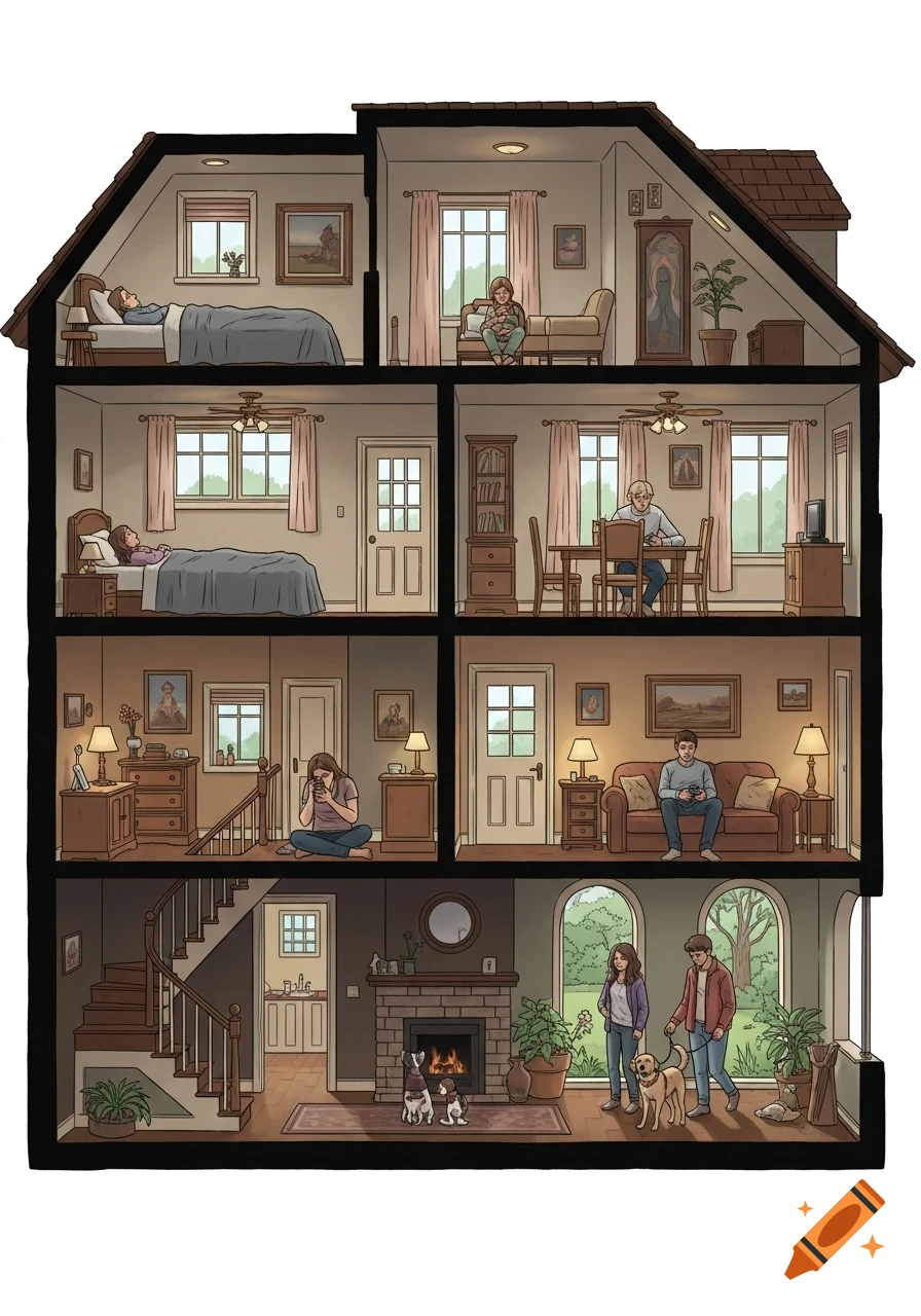Illustrated cutaway of a multi-story family house, showing sad family members grieving in various rooms and outside.