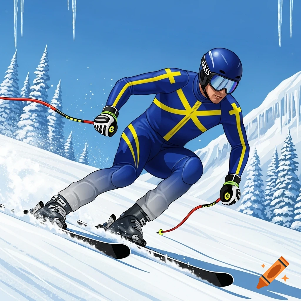 An illustrated male skier in a blue and yellow racing suit descends a snowy mountain slope with pine trees and icicles.