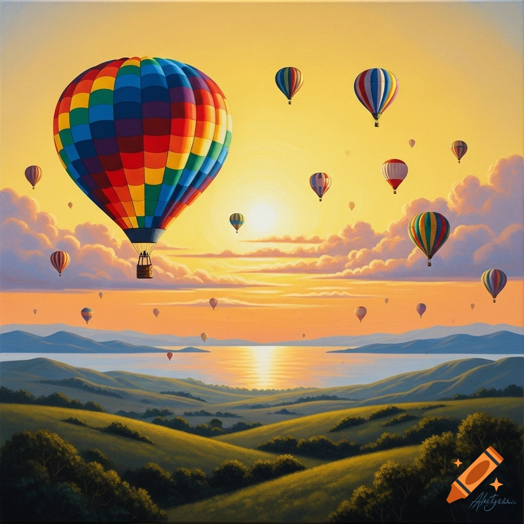 Acrylic painting of many hot air balloons over a hilly landscape and a lake at sunset.