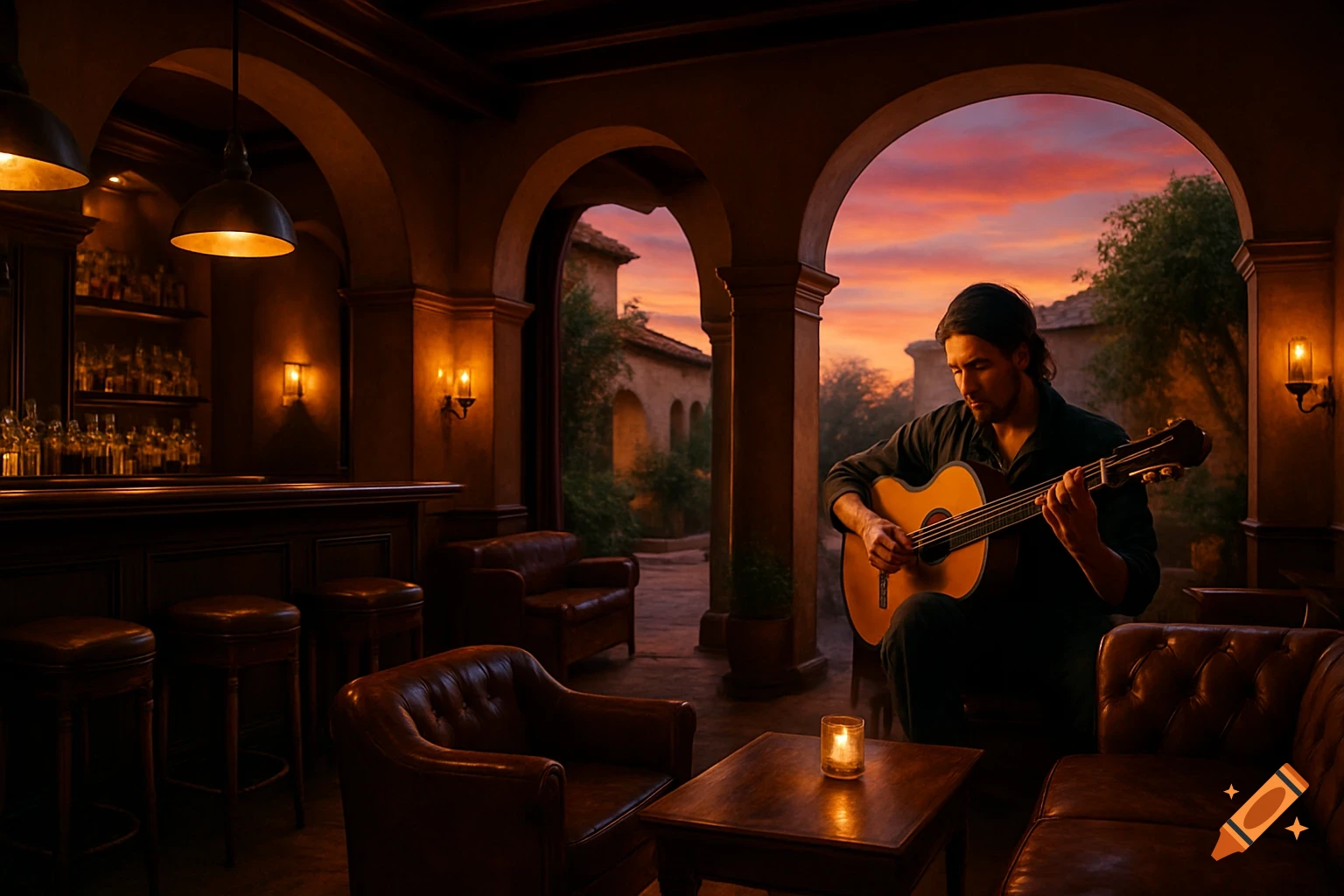 A man plays a flamenco guitar in a dimly lit Spanish lounge bar with archways overlooking a sunset.