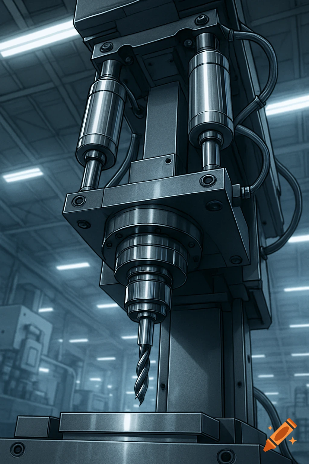 Close-up of a drill press in a factory, showcasing its drill bit and pneumatic components, stylized illustration.