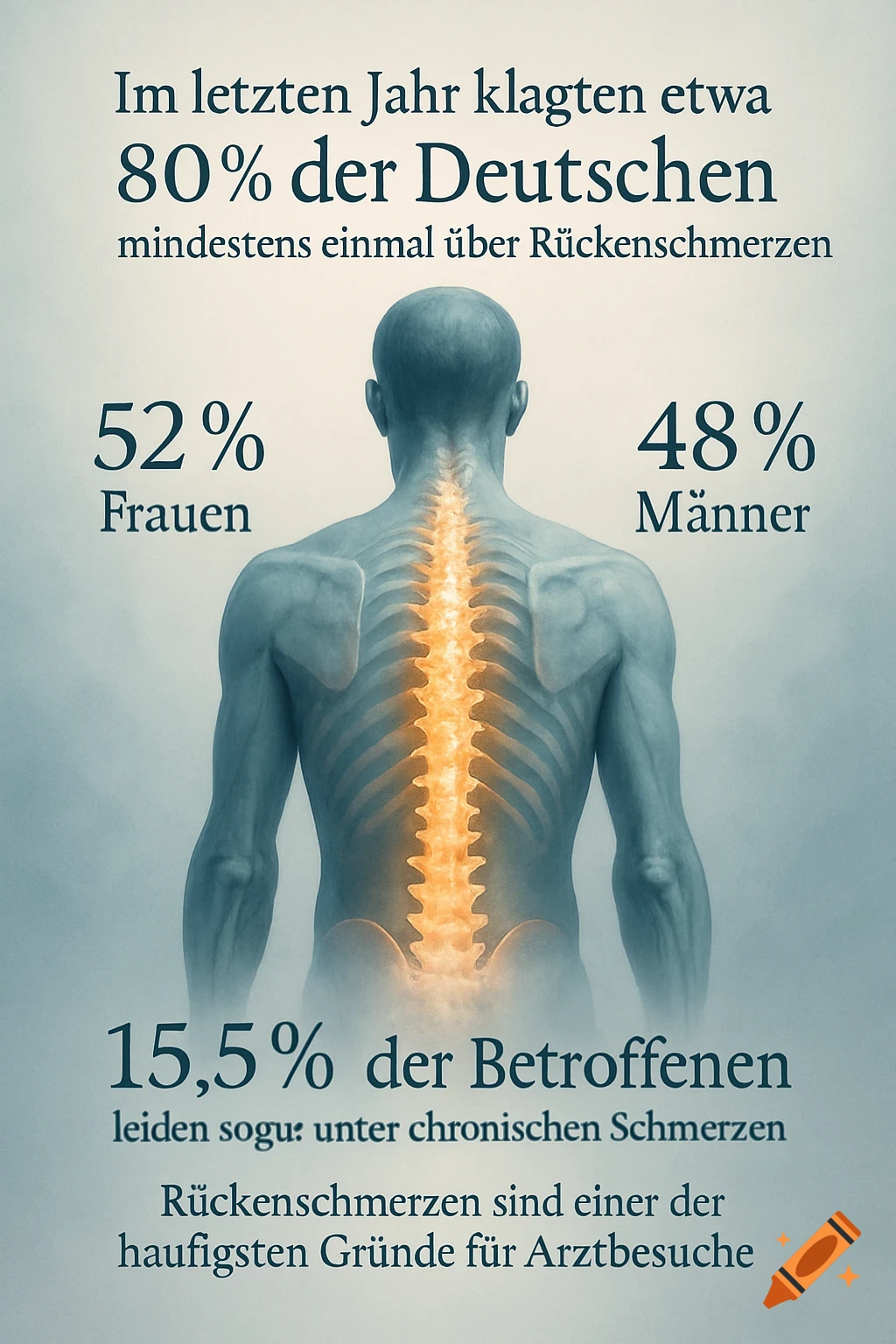 An infographic showing the back of a male torso with a glowing spine, surrounded by text in German about back pain statistics.