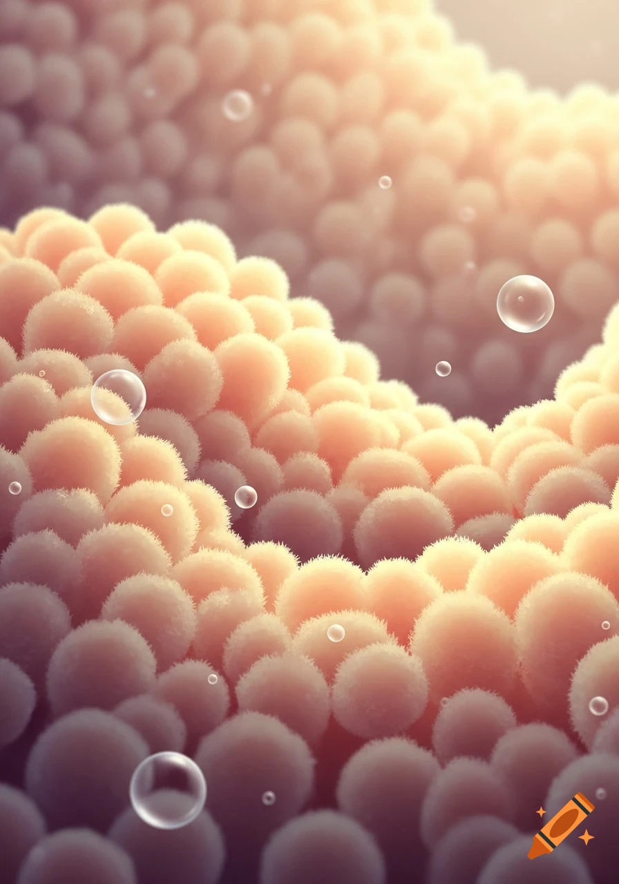 A close-up, softly lit image of numerous peach-colored, finger-like structures resembling intestinal villi, with small bubbles floating around.