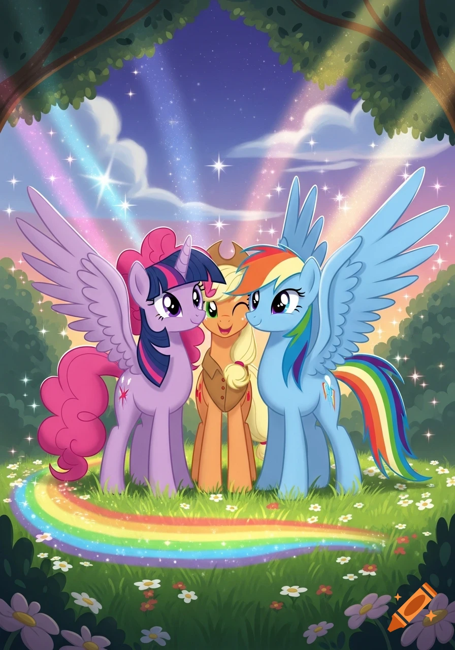 Twilight Sparkle, Applejack, and Rainbow Dash ponies stand together in a grassy clearing with a rainbow path and sparkling night sky.