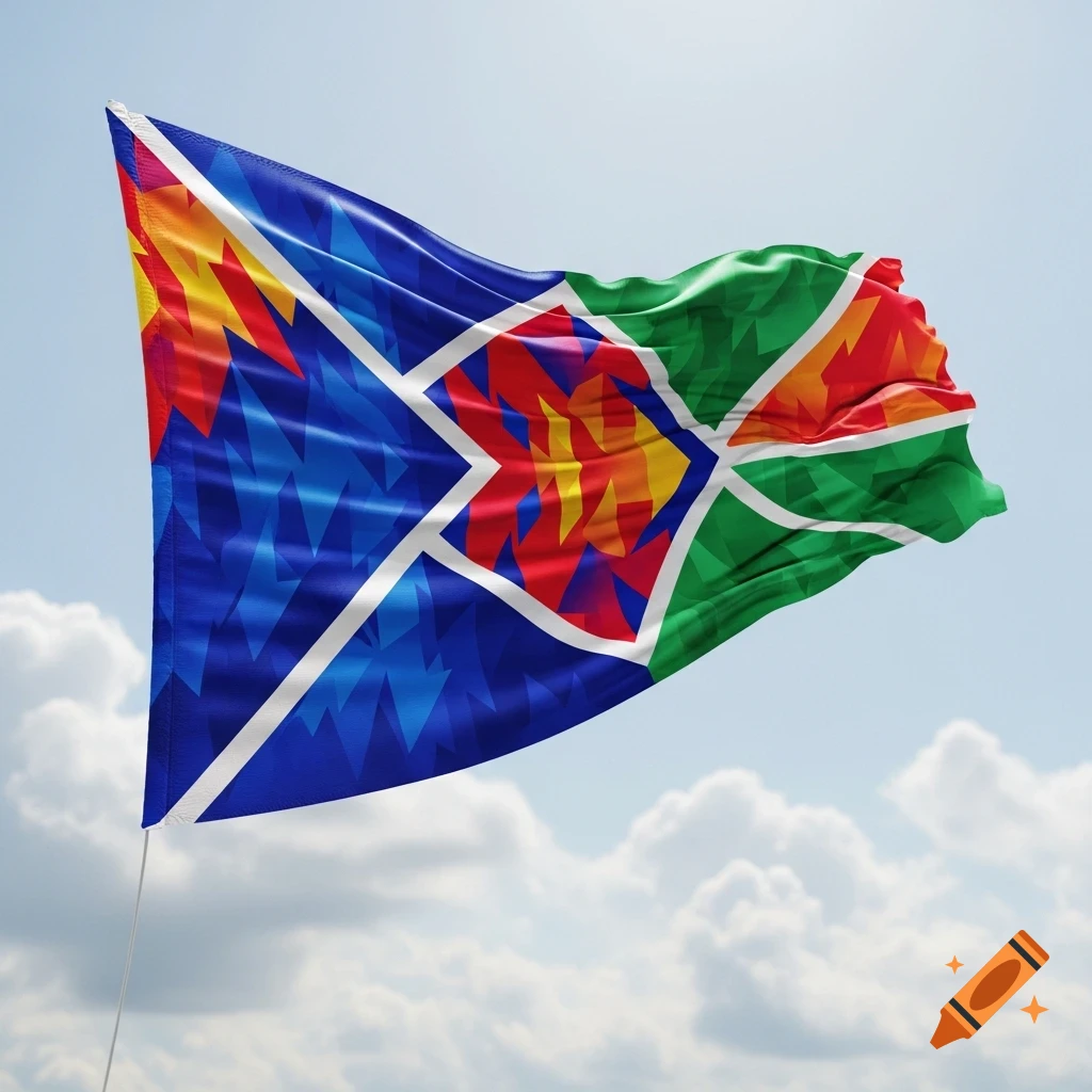 A colorful flag with abstract geometric patterns in blue, red, yellow, orange, and green, waving against a partly cloudy sky.