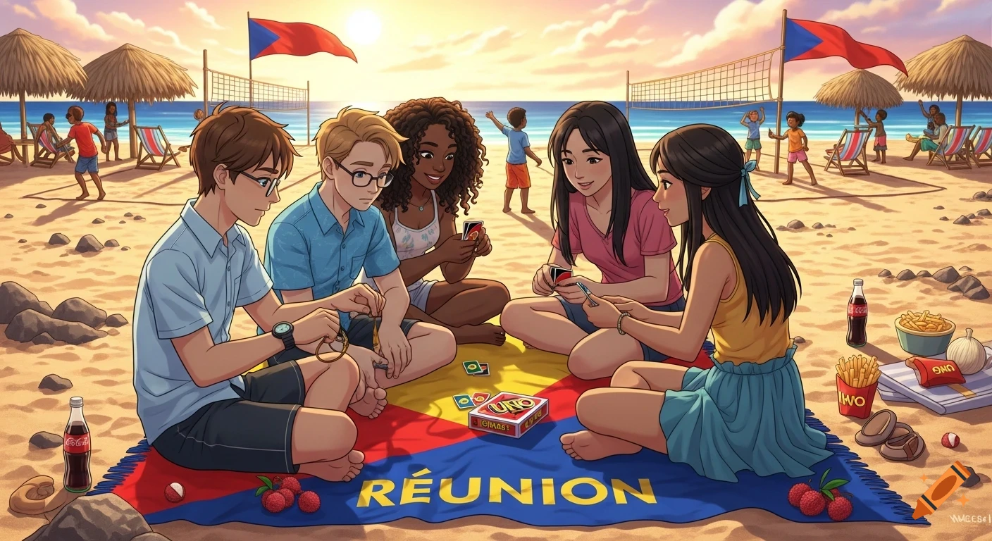 Anime-style illustration of five friends playing Uno on a beach at sunset, with children playing volleyball in the background.