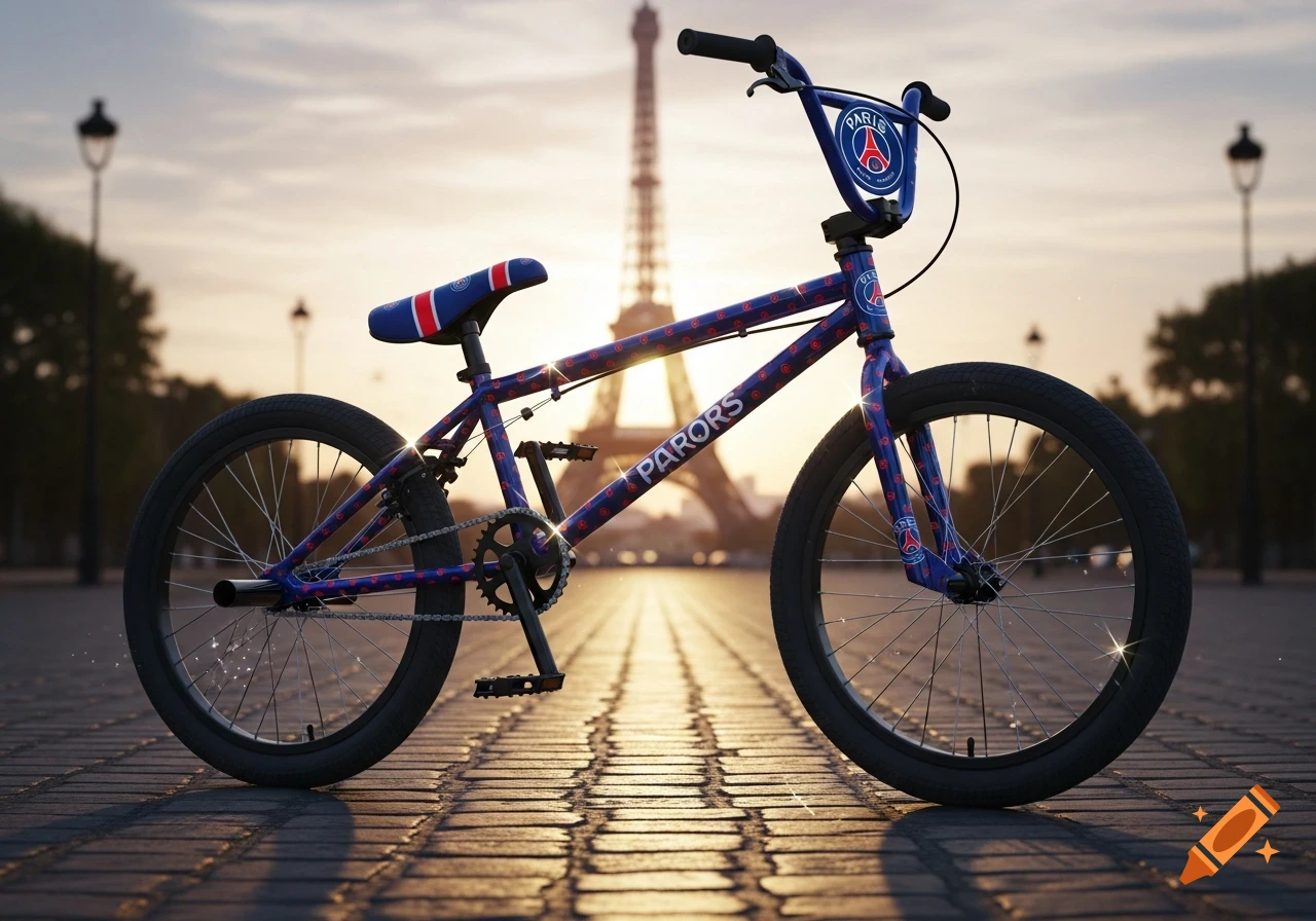 A blue BMX bike with Paris Saint-Germain branding on a cobblestone street with the Eiffel Tower at sunset.