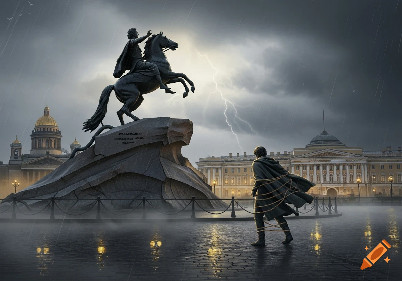Dramatic scene of the Bronze Horseman statue under a stormy, lightning-filled sky in St. Petersburg, with a cloaked figure looking at it.