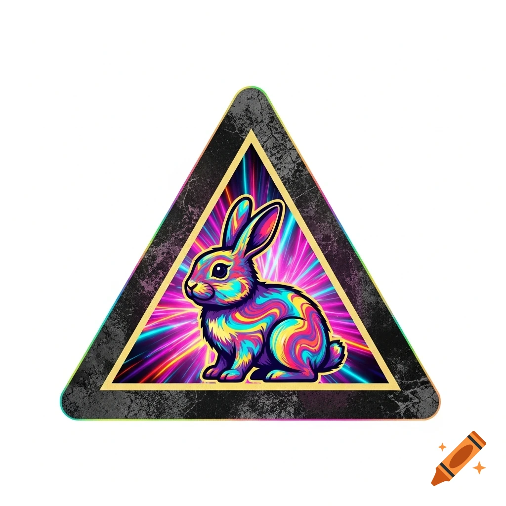 A psychedelic, multicolored rabbit with a swirly pattern sits within a distressed warning triangle, set against a bright, radiant background.