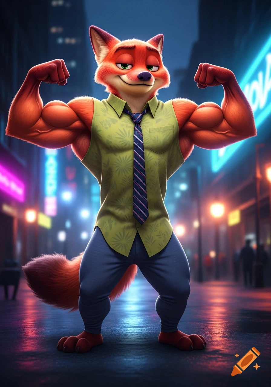 A hyper muscular Nick Wilde, the fox from Zootopia, flexes his biceps on a neon-lit city street at night in 3D animated style.