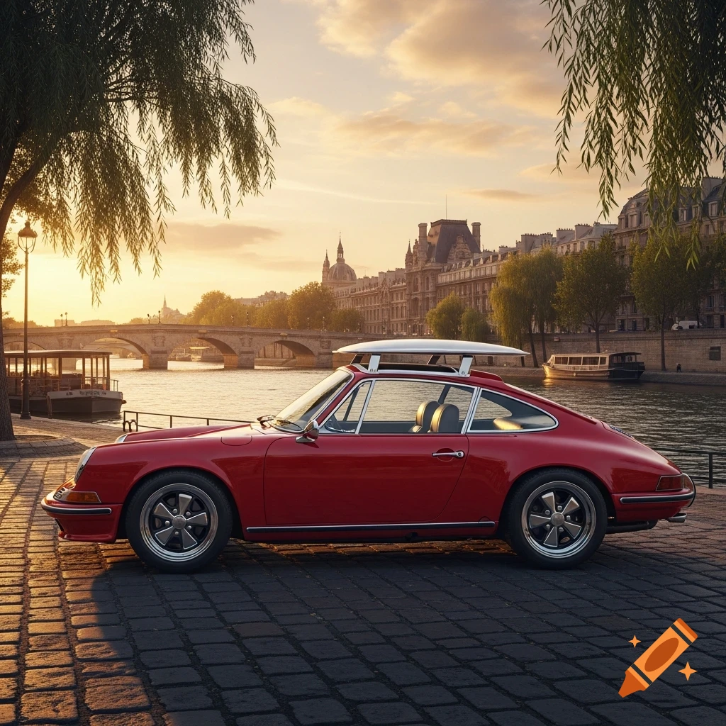 Red classic Porsche 911 with a surfboard on top, parked on cobblestones by the Seine river in Paris at sunset.