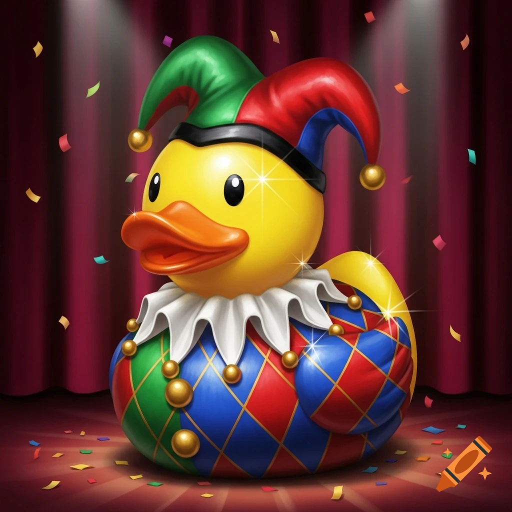 A bright yellow rubber duck in a colorful jester's outfit, on a stage with red curtains and falling confetti.