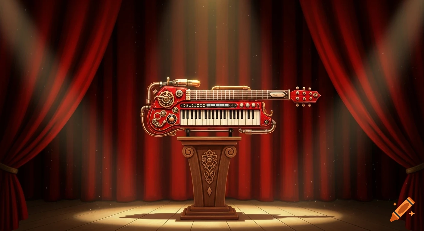 A beautifully crafted red keytar with steampunk decor on a pedestal, illuminated by a spotlight on a stage with red curtains.