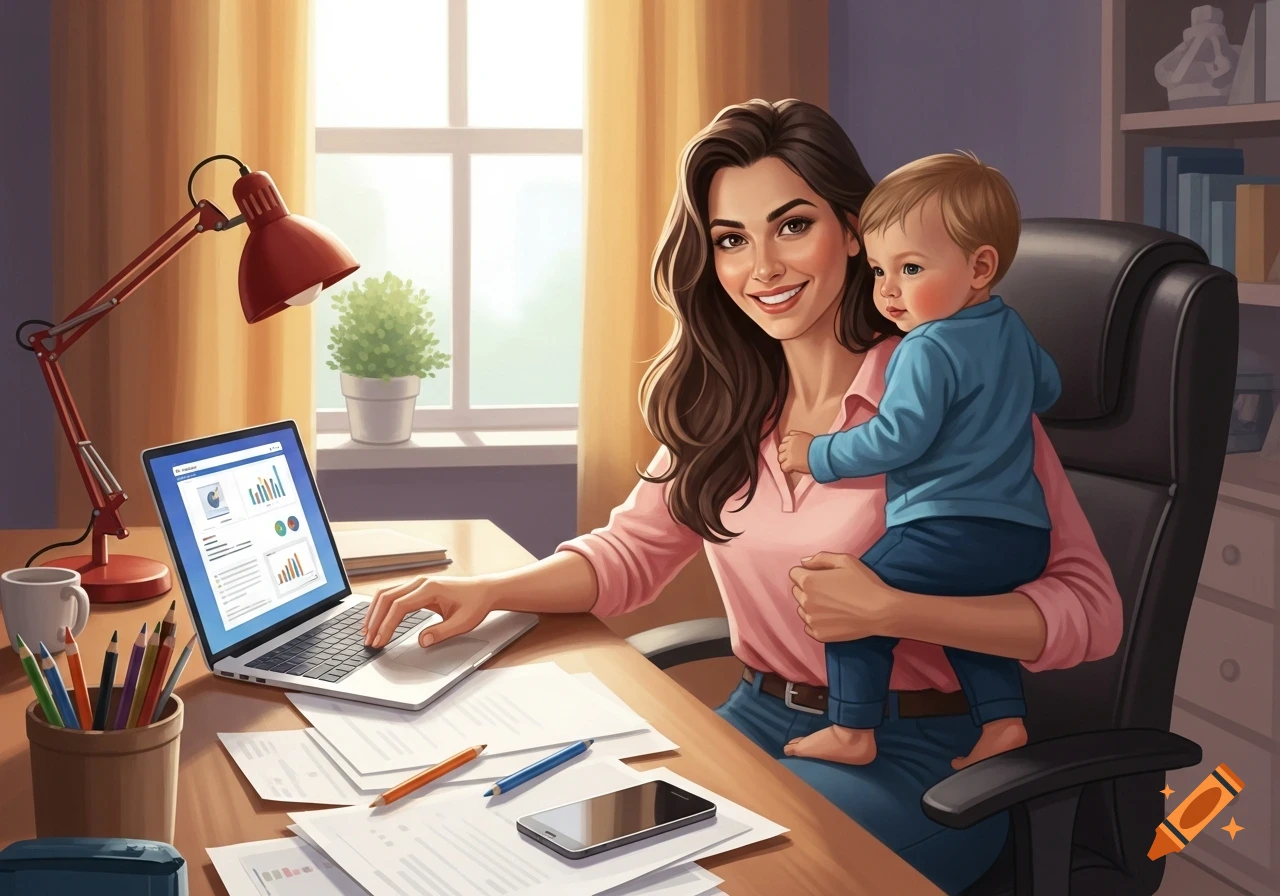 Smiling woman holding a baby while typing on a laptop in a brightly lit home office, digital illustration.