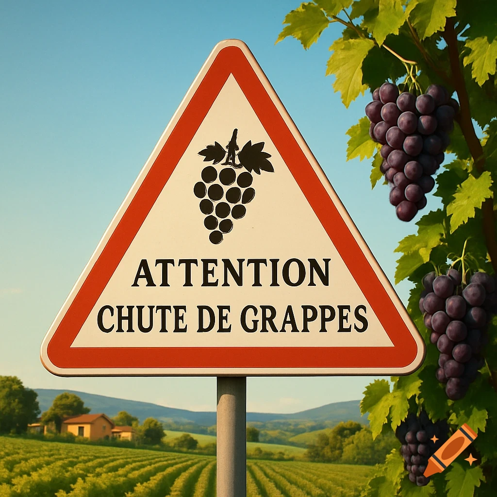A photorealistic warning sign with a grape cluster icon reads "ATTENTION CHUTE DE GRAPPES" (Beware of falling grape bunches) in a sunny vineyard.