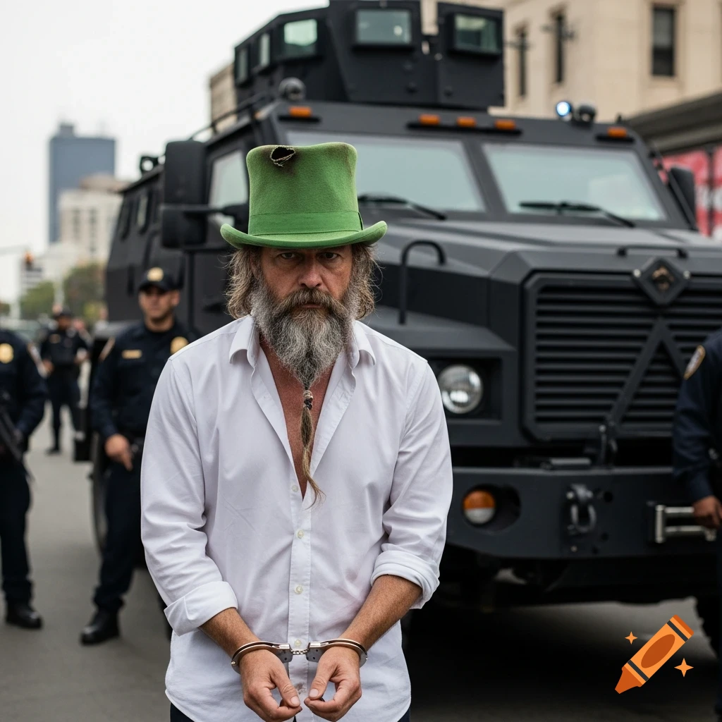 A man with a long gray beard and a green top hat stands handcuffed in front of a black armored police vehicle.