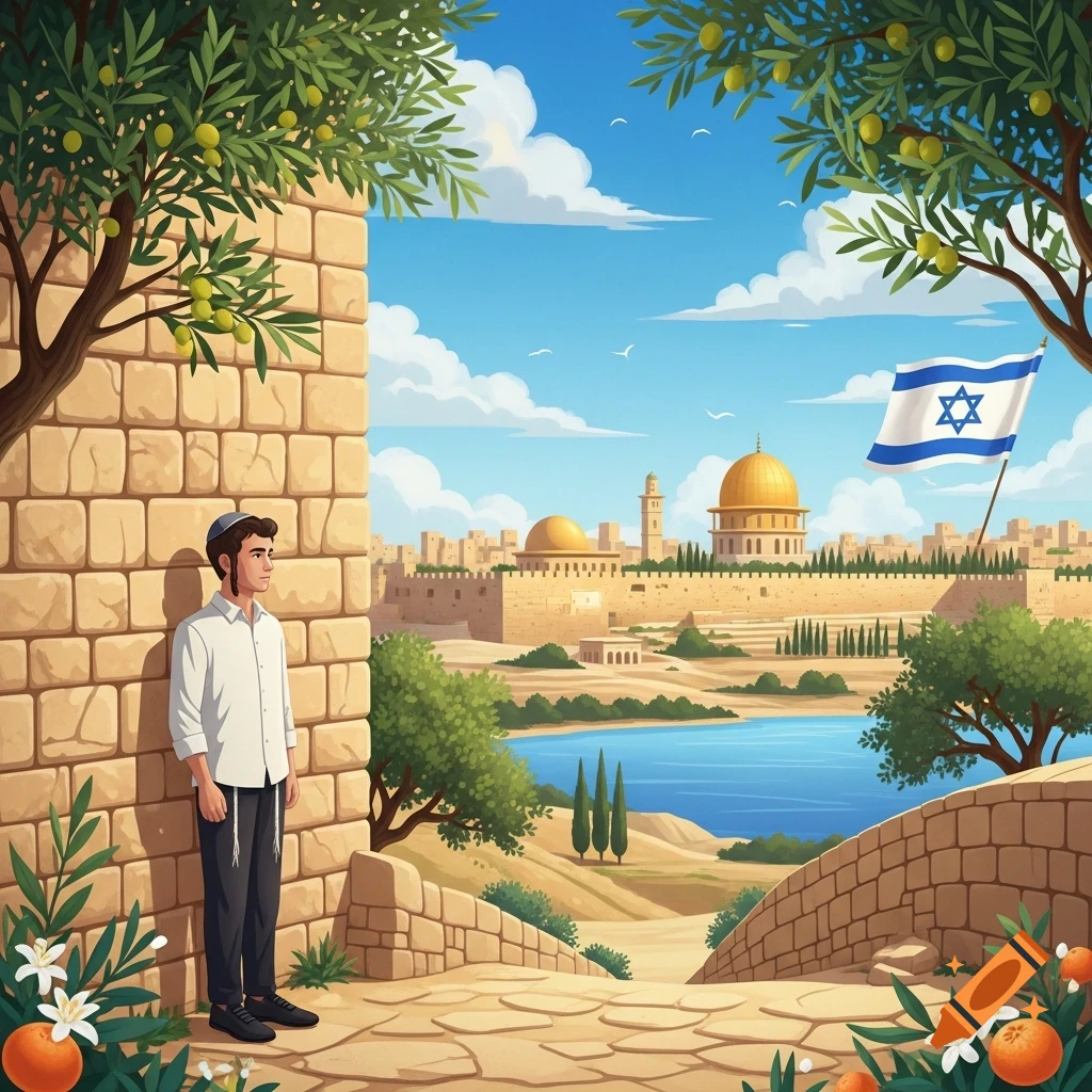 Cartoon of a Jewish man leaning on a stone wall, overlooking a vibrant Jerusalem cityscape with the Dome of the Rock and an Israeli flag.
