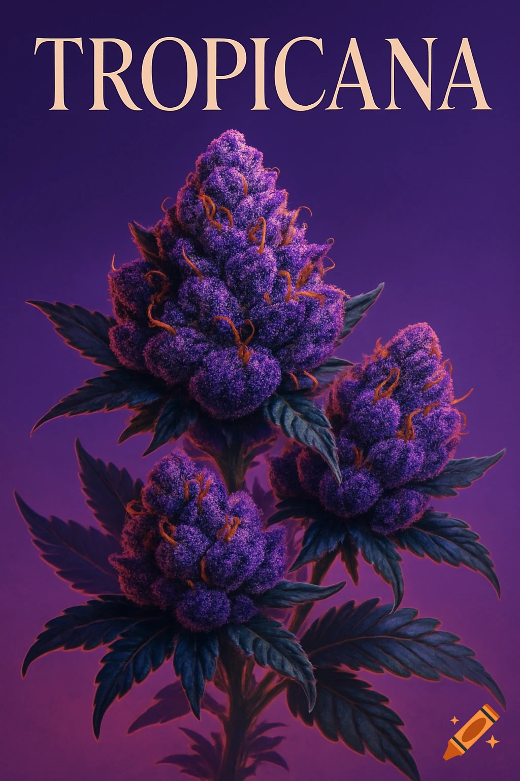 Artistic illustration of detailed deep purple cannabis buds with orange pistils and dark green leaves against a purple-indigo background, text TROPICANA.