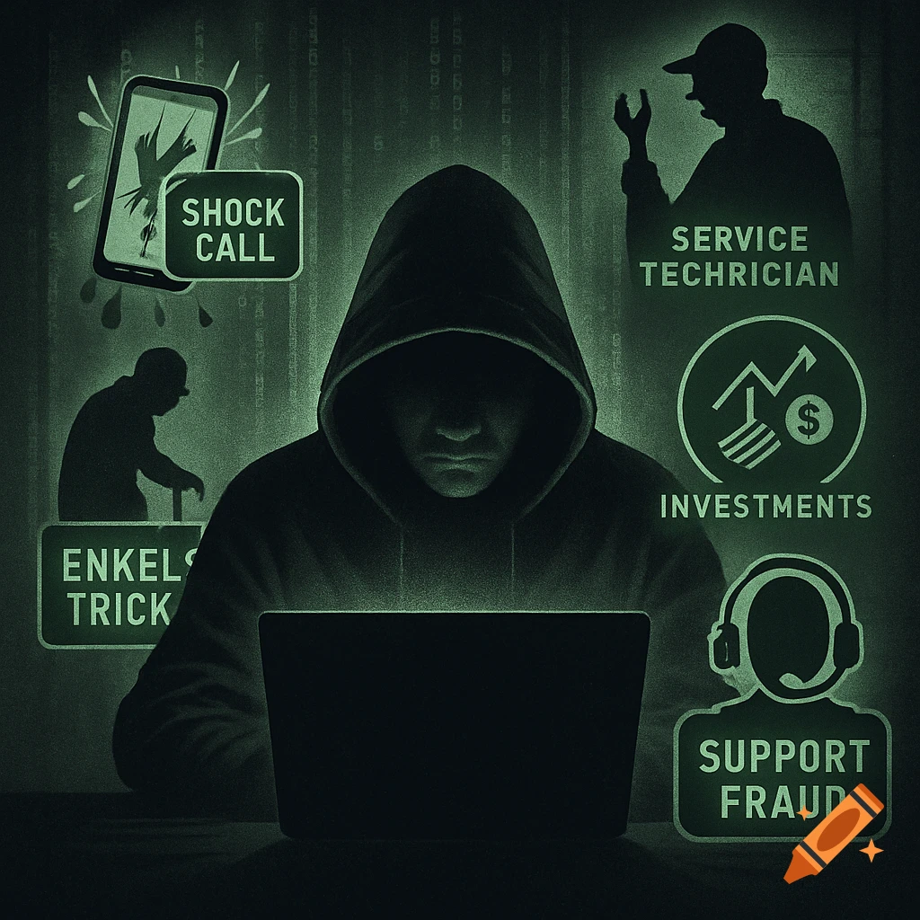 A stylized green illustration of a hooded hacker at a laptop, surrounded by icons representing various fraud types like 'Shock Call,' 'Service Techrician,' 'Enkels Trick,' 'Investments,' and 'Support Fraud.'