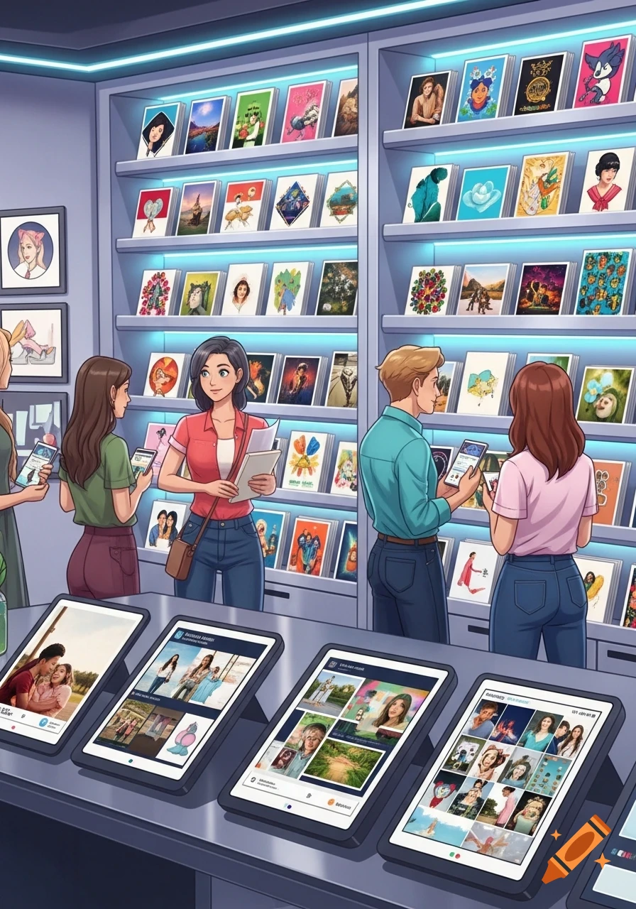 Cartoon illustration of people browsing various art prints and digital displays in a modern store selling photocards.