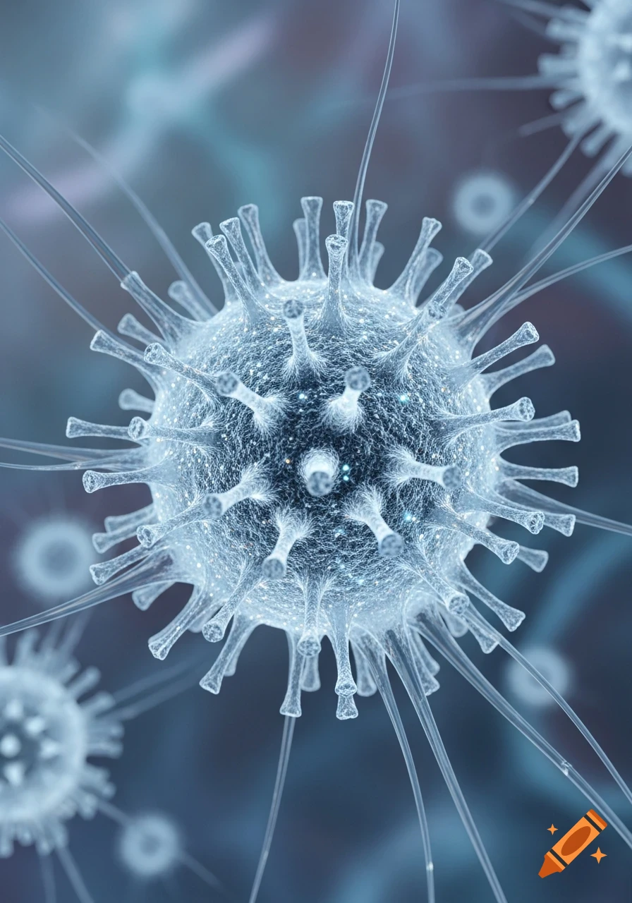 A detailed, microscopic view of a translucent, spiky virus particle in shades of blue and white, against a blurry background.