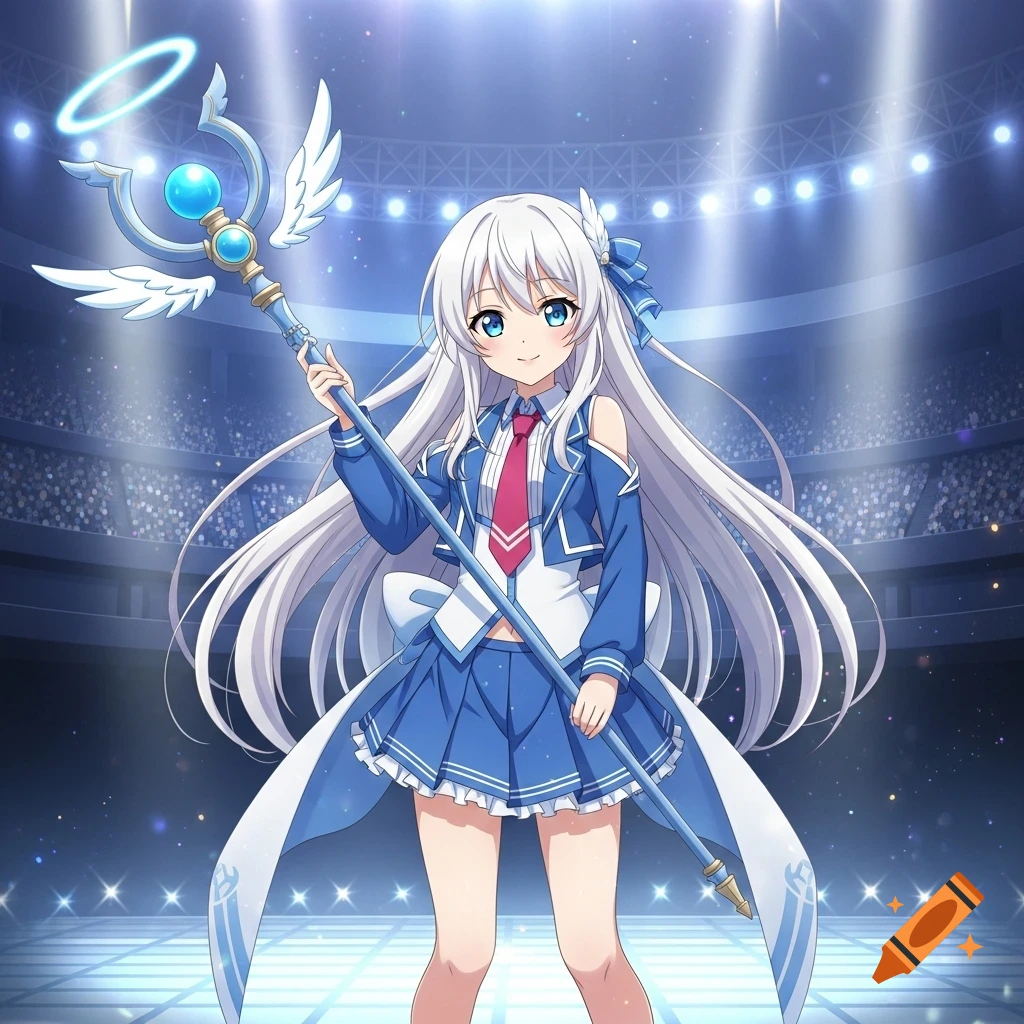 An anime idol girl with long white hair and blue eyes, wearing a blue and white outfit, holding a magical staff on a concert stage.