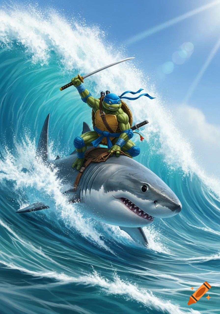 Leonardo, a Ninja Turtle, rides a shark on a large ocean wave under a sunny sky in a vibrant cartoon style.